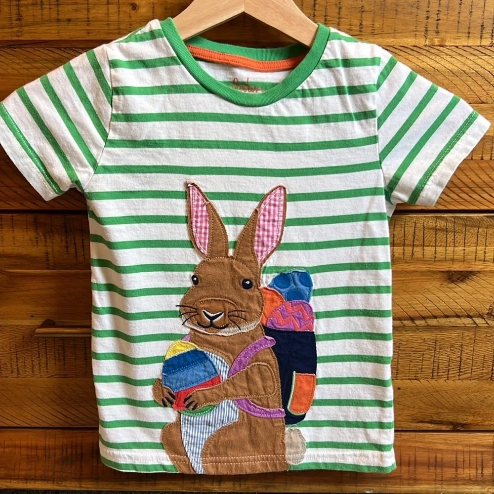 Mini Boden Green Striped Kids Shirt with Bunny Design